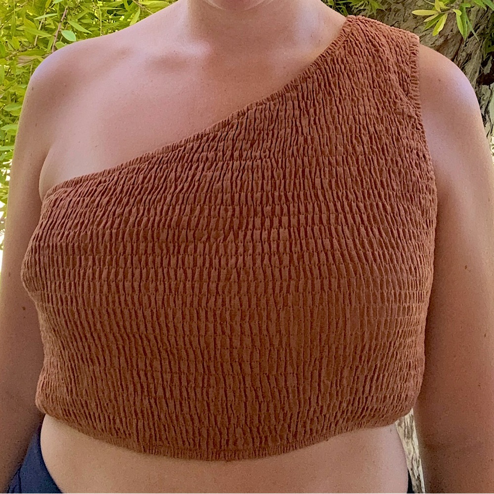 NWT Aakaa Luxury One-Shoulder Brown Textured Crop Top size large